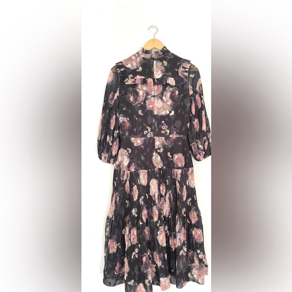 nora noh Floral Black Dress midi pleated long sleeve - Picture 9 of 11